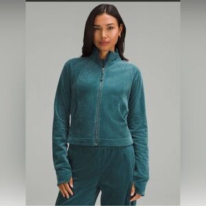 Lululemon Scuba Track Jacket Velvet Velour Cord Storm Teal Cotton Jersey sz8